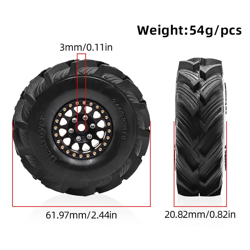 ล้อ RC แบบ Beadlock ทำจากทองเหลืองแท้ 1.0 พร้อมยาง สำหรับรถ RC Crawler ขนาด 1/18 1/24 รุ่น Trx4m SCX24 FCX24, 4 ชิ้น