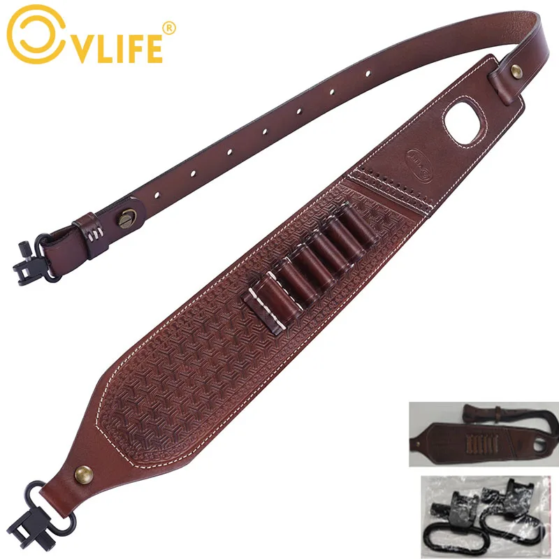 

CVLIFE Two Point Sling Leather Rifle Sling Leather Traditional Gun Sling with Ammo Holder Adjustable Gun Strap with Swivels