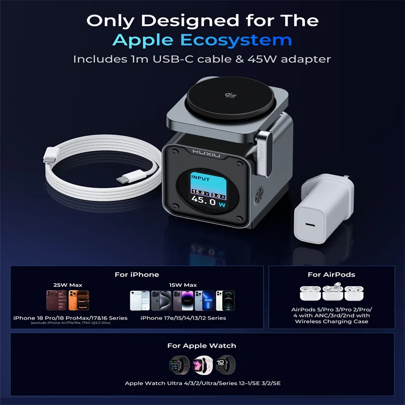 KUXIU D5 Qi2.2 25W Magnetyczna Stacja Ładująca Bezprzewodowa z Inteligentnym Kolorowym Wyświetlaczem TFT do iPhone 18 17 16 15 14 13/iWatch/AirPod — zdjęcie produktu 6