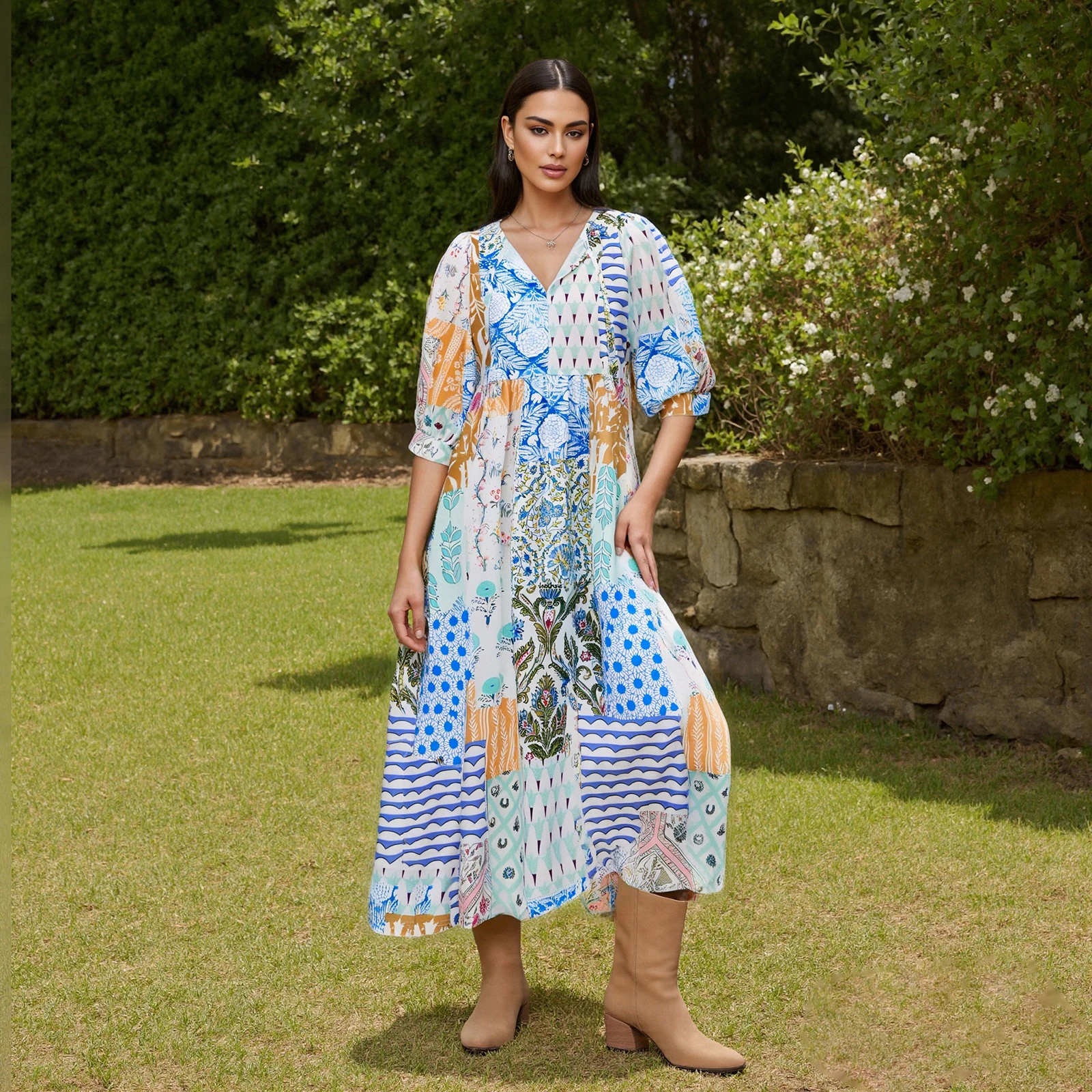 Combhasaki Donna Estate Boho Beachwear Manica a lanterna Scollo a V con cinghie Stampa floreale Abito lungo da vacanza a vita alta vestibilità ampia