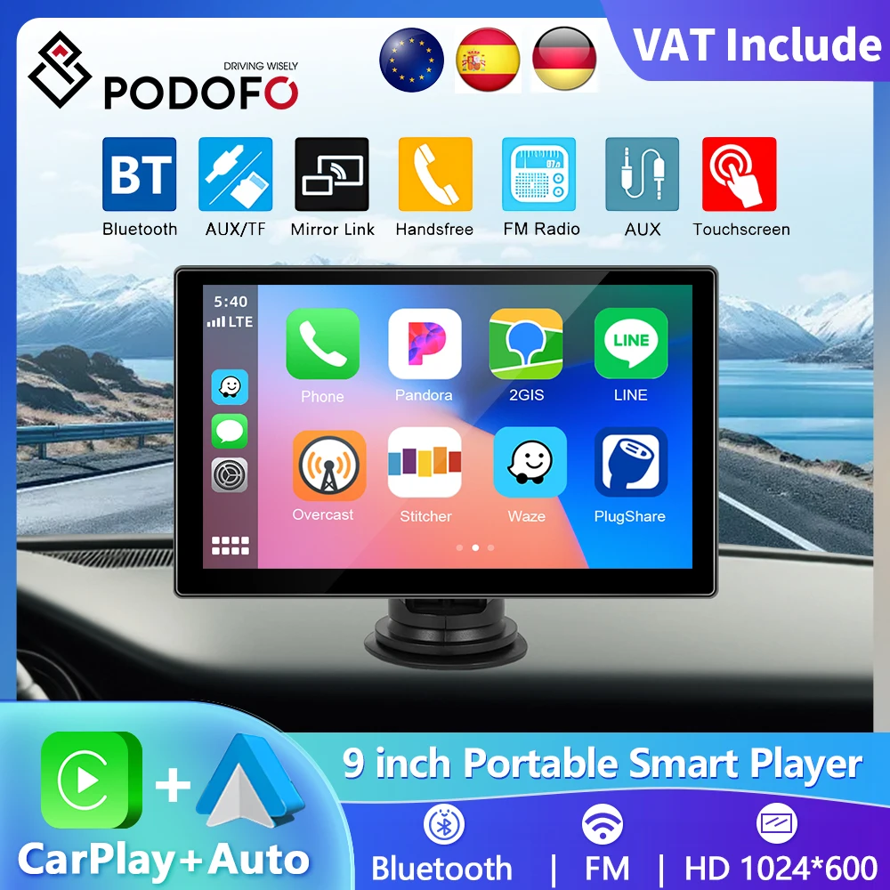 Podofo 9" Dash Cam CarPlay Android Auto Auto DVR Navigation Recorder Armaturenbrett Auto Spiegel Bildschirm 24H Park AUX TF GPS FM