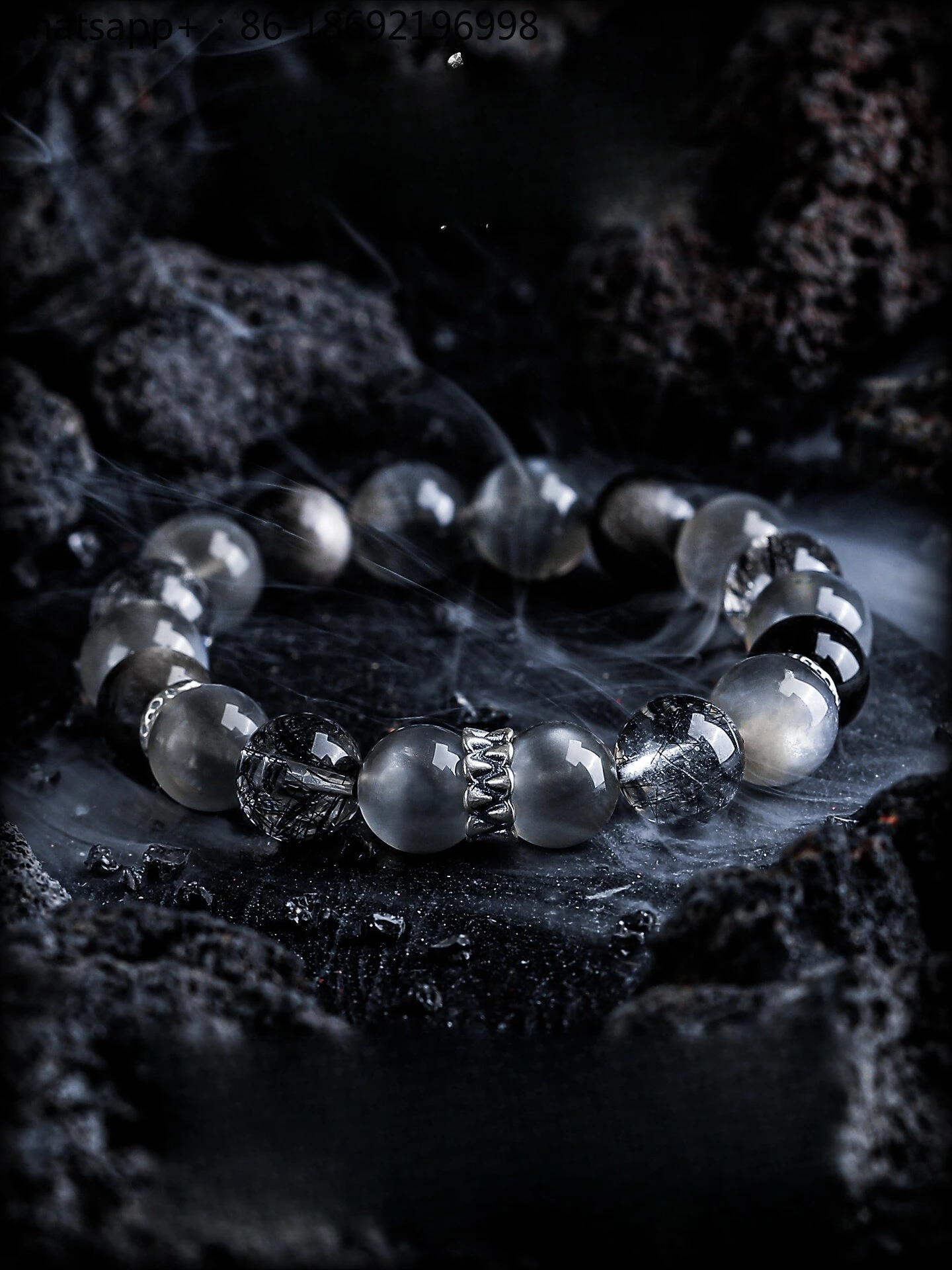 

[Darkbite] Black Moonstone Bracelet Men's Black Hair Crystal Bracelet Crystal Silver Obsidian