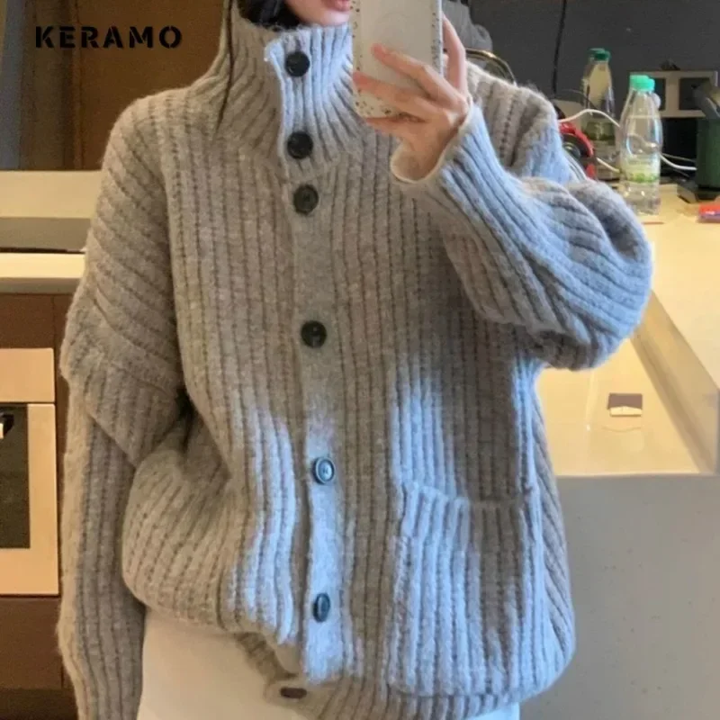 2024 Autumn Winter Women Casual Knitting Long Sleeve Grey Cardigans Fashion Vintage Solid Color Single Breasted Warm Sweater