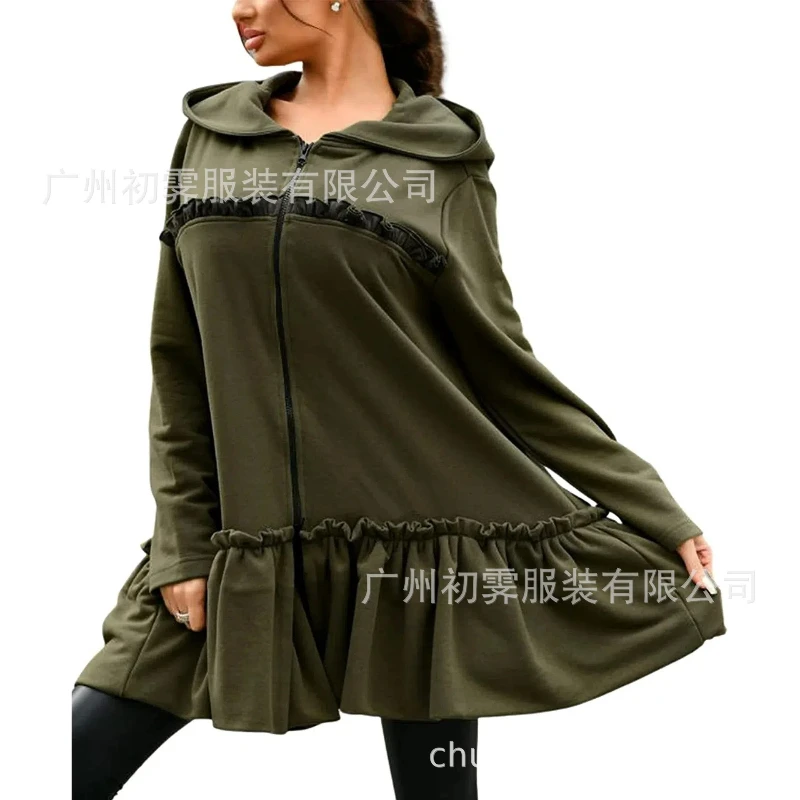 New Long Sleeve Zipper Hoodie Dress with Black Fungus Edges and Wrinkles