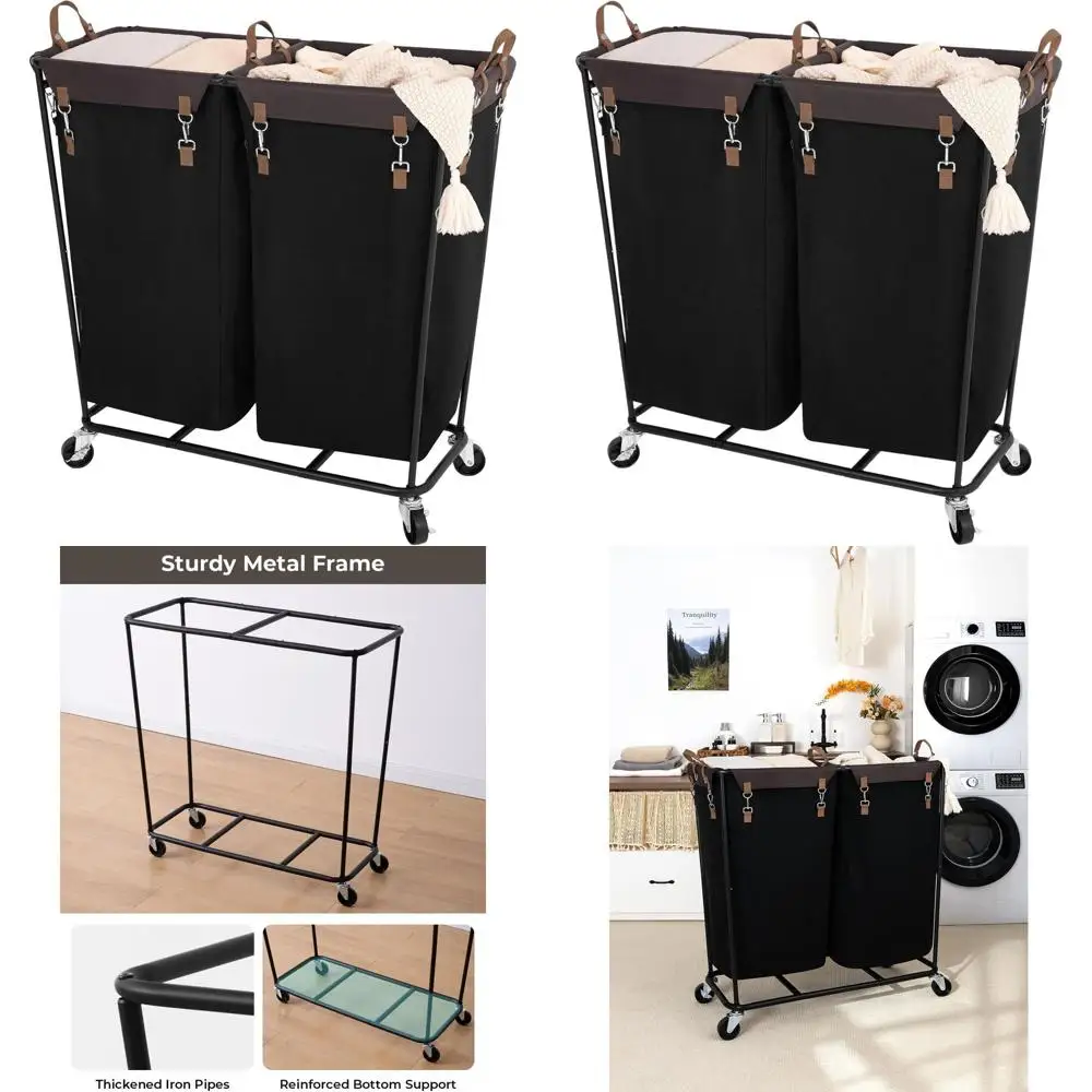 

Очень большая корзина для белья объемом 390 л с колесиками, 2-секционная корзина-сортировщик для одежды для домашнего и гостиничного использования, черная