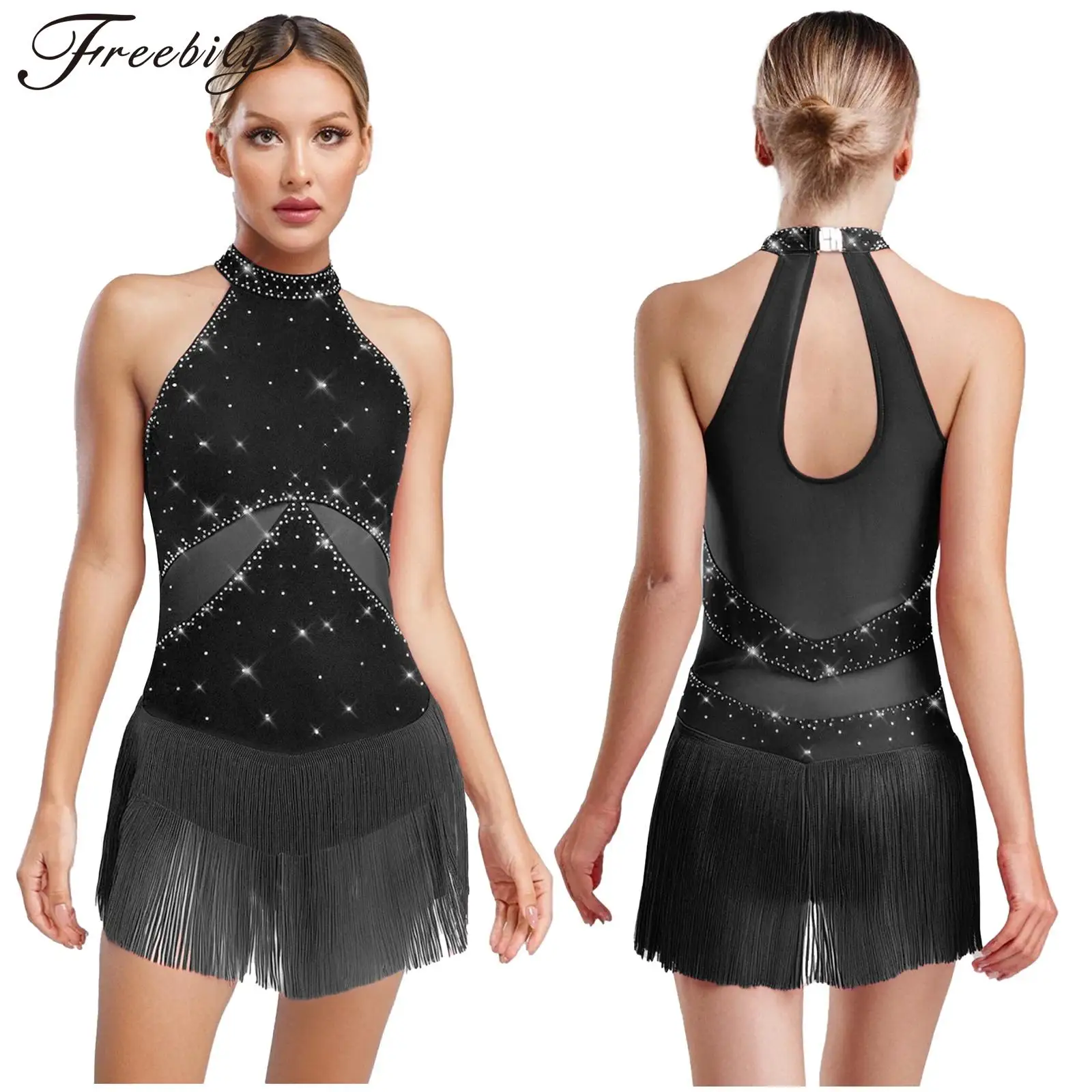 

Женский купальник для латинских танцев ча-ча, фигурное катание, самба, румба, костюм для бальных танцев, сетчатое боди без рукавов со стразами и кисточками