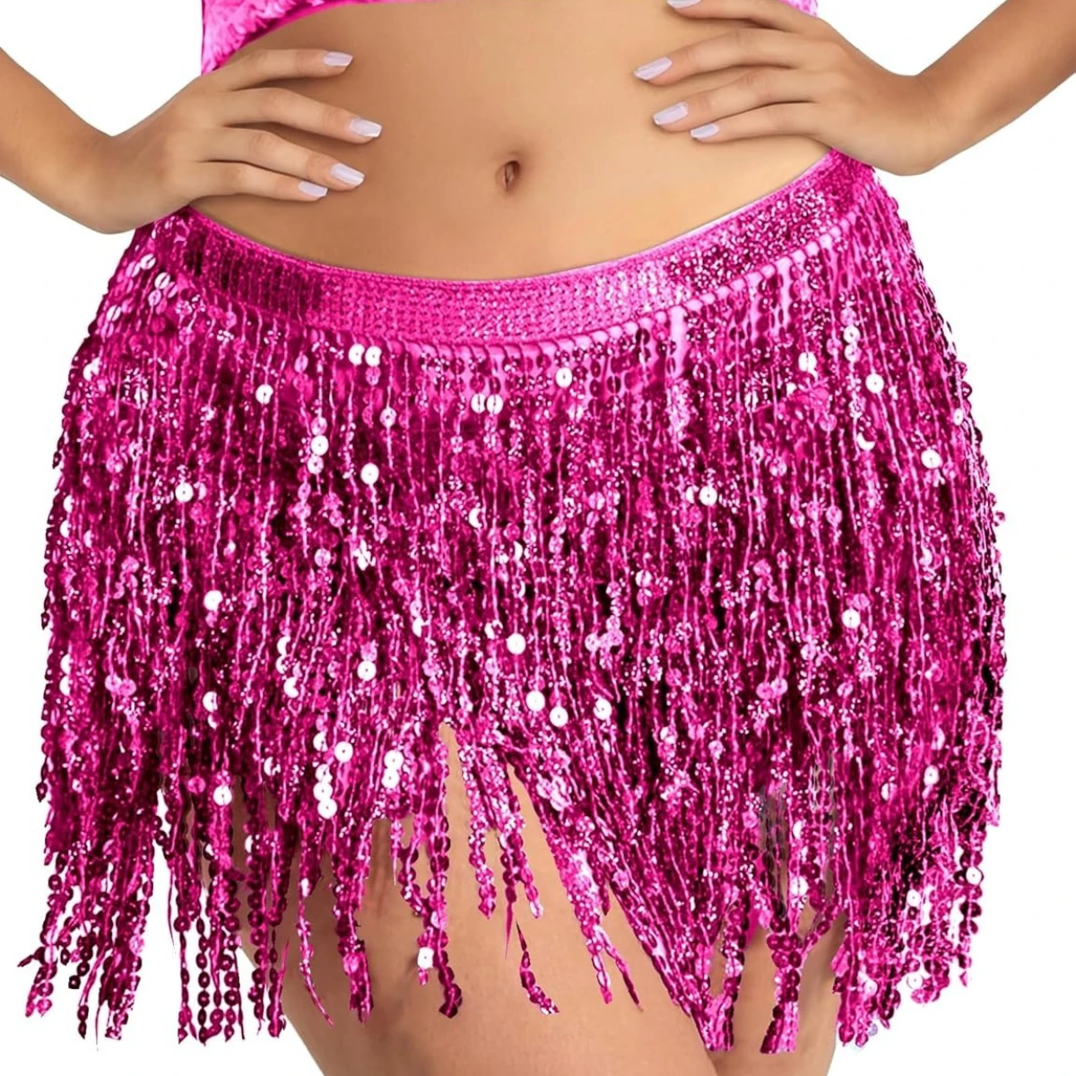 Falda de Danza con Lentejuelas y Flecos para Mujer, Pañuelo Brillante para la Cintura, Ideal para Danza del Vientre, Fiestas y Clubes
