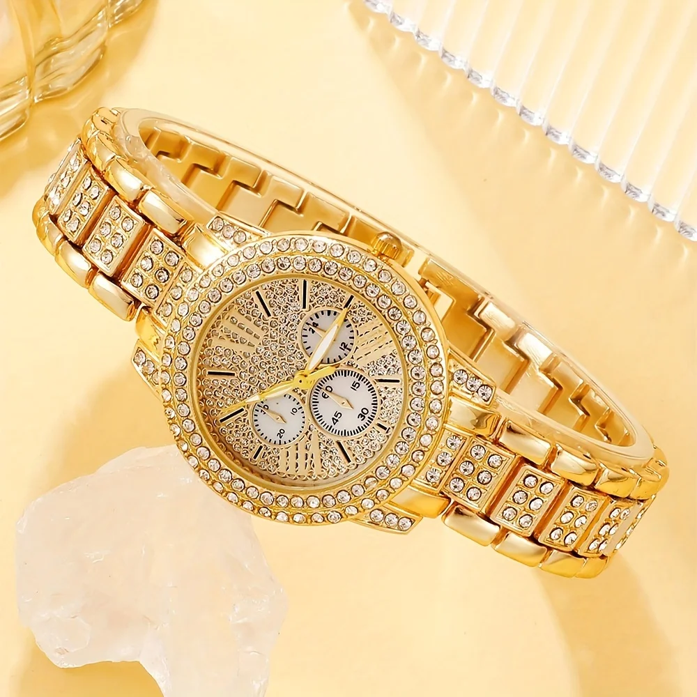 クリスタルアクセント付きのメンズ高級ゴールドクォーツ時計とジュエリーの6点セット