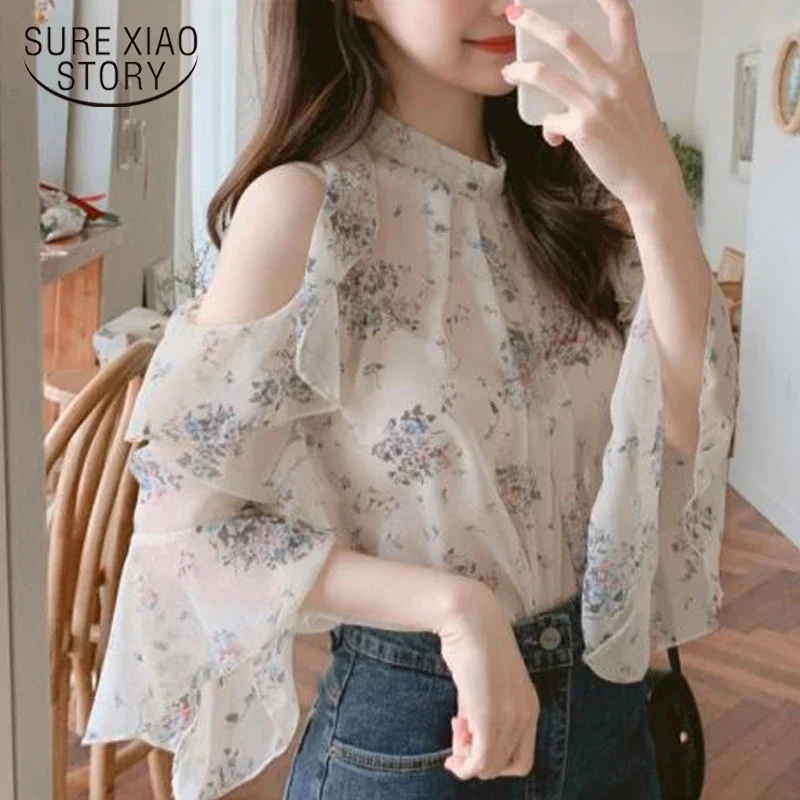 

Fashion Off Shoulder Tops Women Chiffon Blouse Blusas Mujer De Moda 2022 Summer Elegant Print Loose Office Lady Ruffle Tops 9931