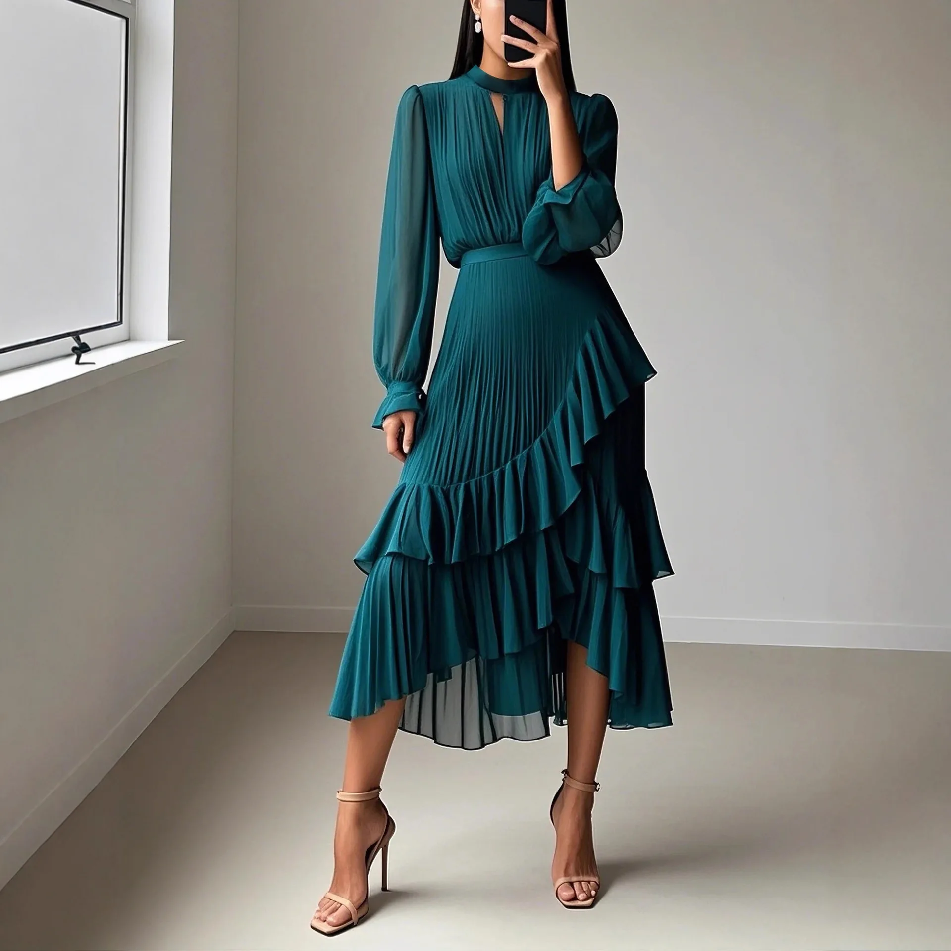 

Pleated Dresses Women Elegant Solid Color Hollow Out Long Sleeve Ruffles Irregular Long Dresses Socialite High Waist Vestidos