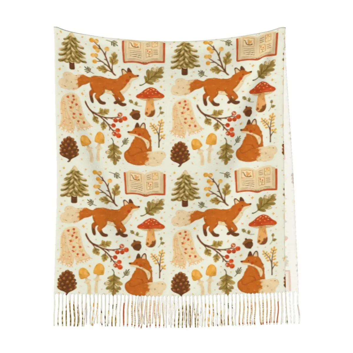 Cozy Winter Woodland Mushroom Scarf Tassel Scarves for Women Soft Warm Shawls and Wraps Long Fall Winter Shawl Wrap