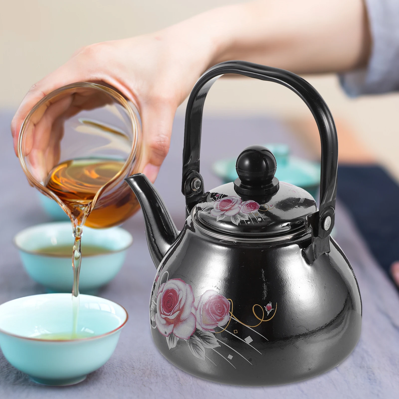 

Enamel Tea Kettle 1L Stovetop Vintage Large Floral Teapot with Strainer Retro Enameled Kitchen Gadgets for Loose Leaf Tea