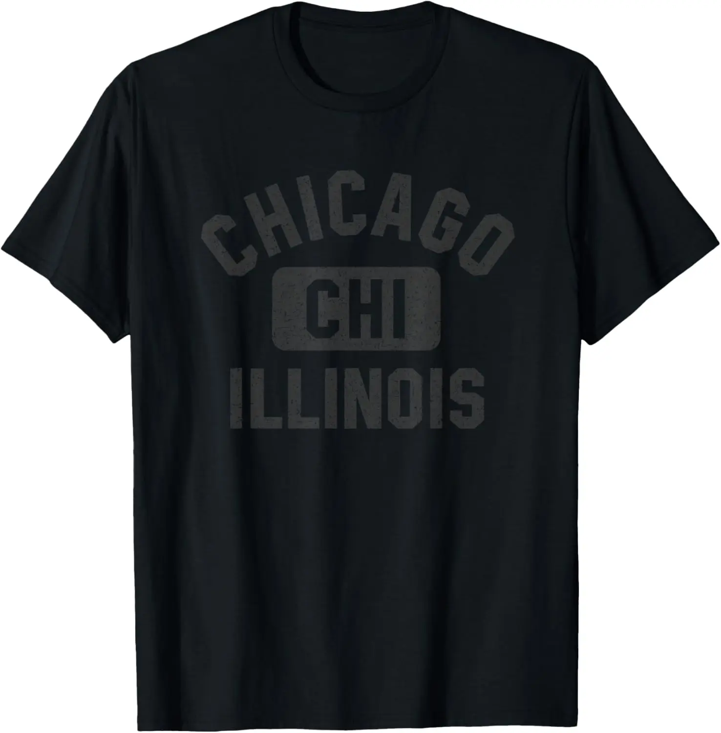 Chicago Illinois CHI Gym Style Black w Distress Black Print T-Shirt