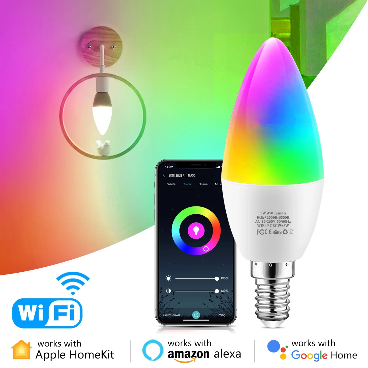 

MFI Certified Smart WiFi LED Candle Light Bulb 5W E14 RGBCW Dimmable LED Lamp Work With Apple Homekit Siri Alexa Google Home