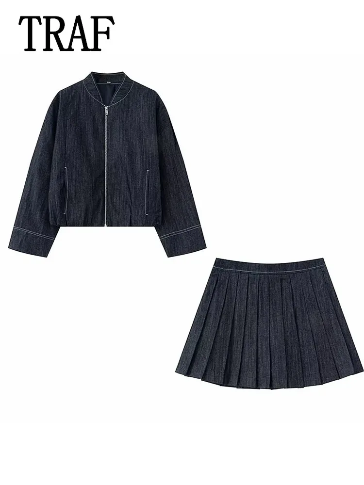 TRAF Denim Mini Rok Sets Voor Vrouwen 2 Stuks 2025 Nieuwe Mode Denim Jas Vrouwen Pak Casual Tweedelige Set vrouwen Outfit