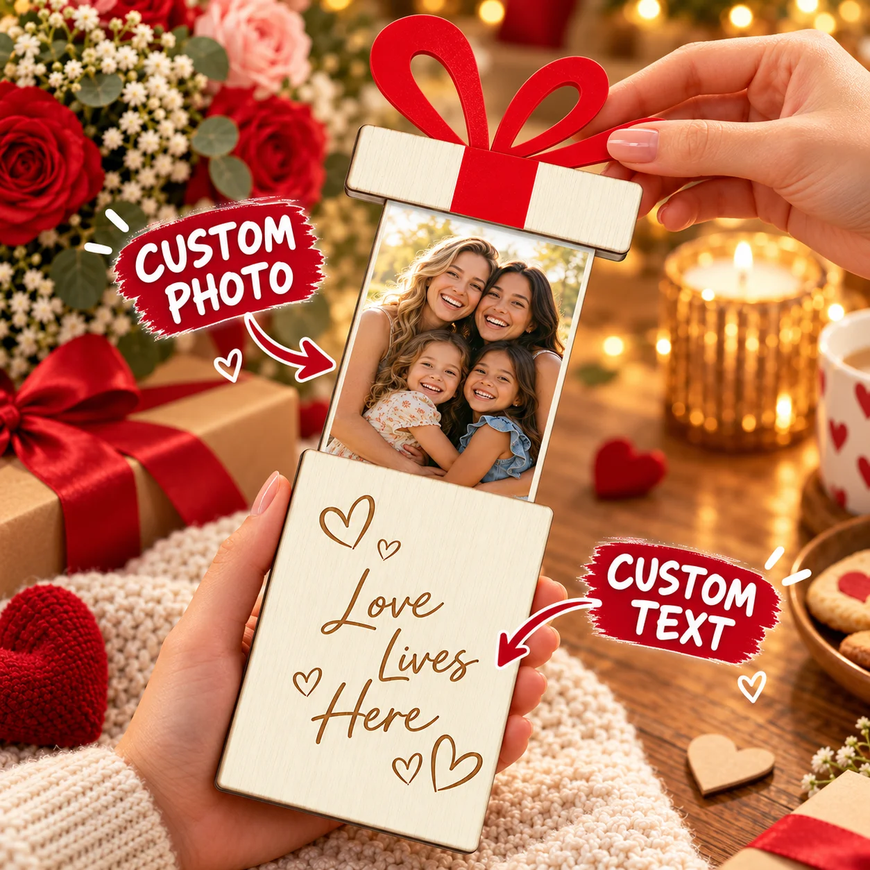 Custom Wooden Gift Card Holder Engraved Pull Drawer Personalized Photo Keepsake Best Family Gift for Mother Father Birthday