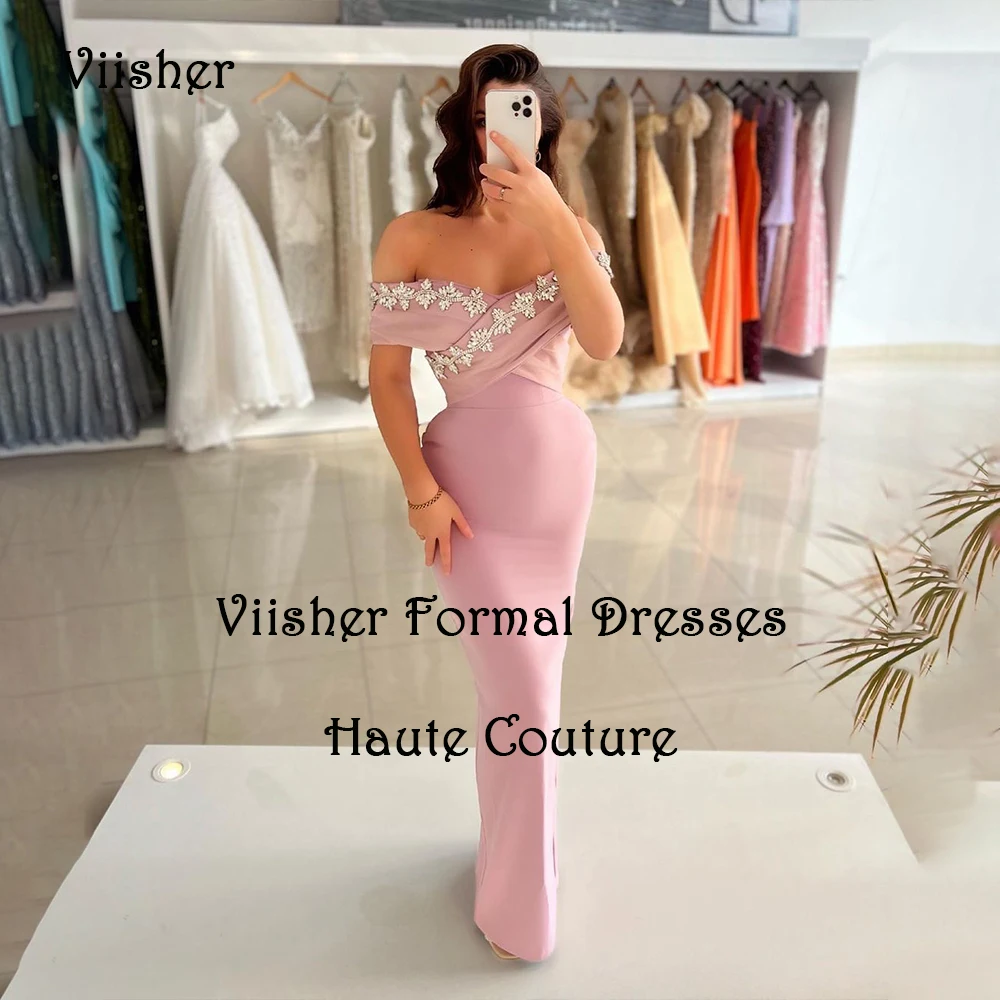 

Pink Mermaid Evening Dresses Off Shoulder Beaded Satin Formal Prom Dress Bodycon Long Arabic Dubai Celebrate Party Gowns