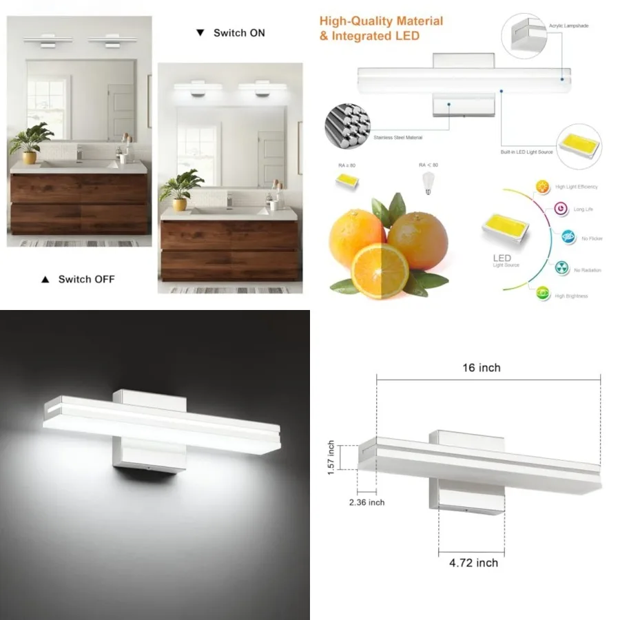 LED Modern Bathroom Vanity Light Bar, Modern Acrylic Bathroom Wall Lighting Fixtures Over Mirror Cool White 6000K
