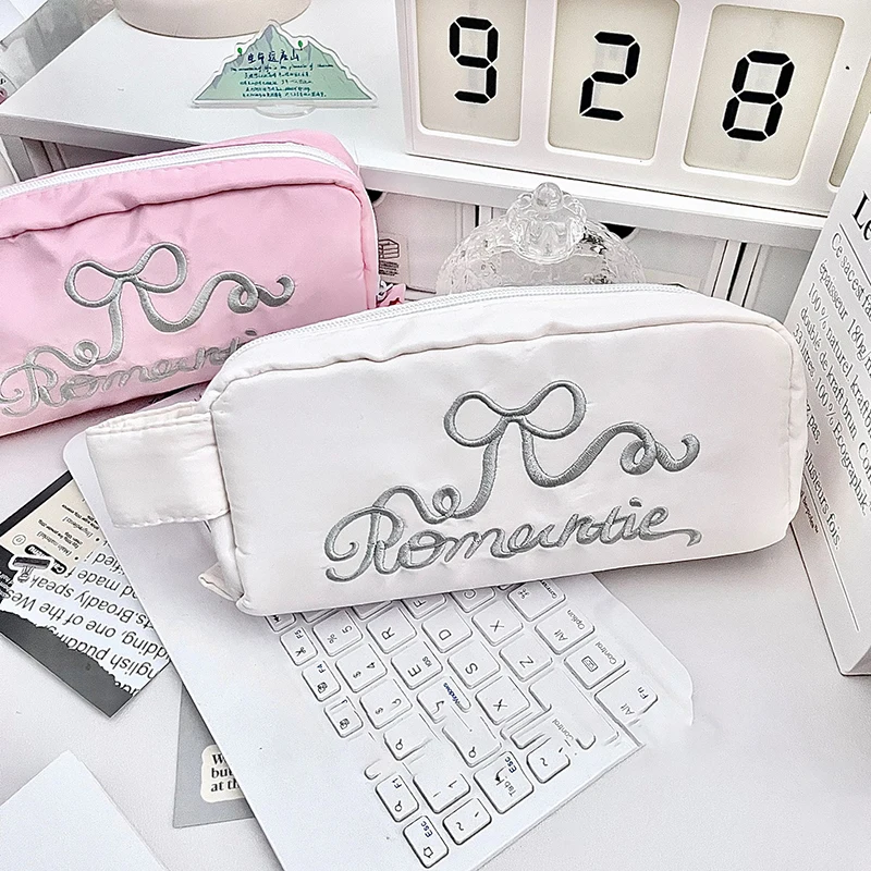 Fashion Large Capacity Bow Embroidery Design Pencil Case Student Stationery Makeup Storage Bag