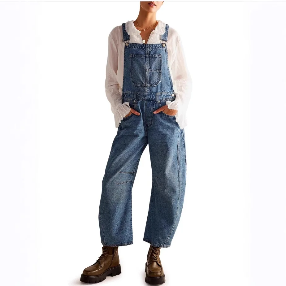 Women Sleeveless Casual Loose Denim Overalls Trousers Jumpsuit High Waist Pockets Ankle Length Pants