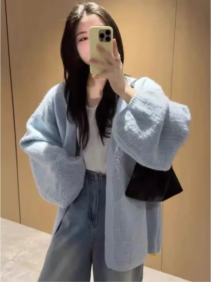 

Loose Knitted Cardigan Women's Pure Color Bubble Sve Sweater Autumn Winter New Sle Korean Version Lazy Faion Outerwear