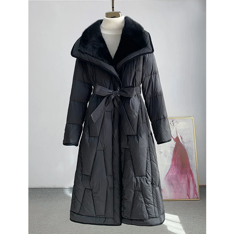 2023 New Winter Women Coat Long Goose Down Jacket With Real Natural Mink Fur Collar Thick Warm Luxury Outwear New Female Coat