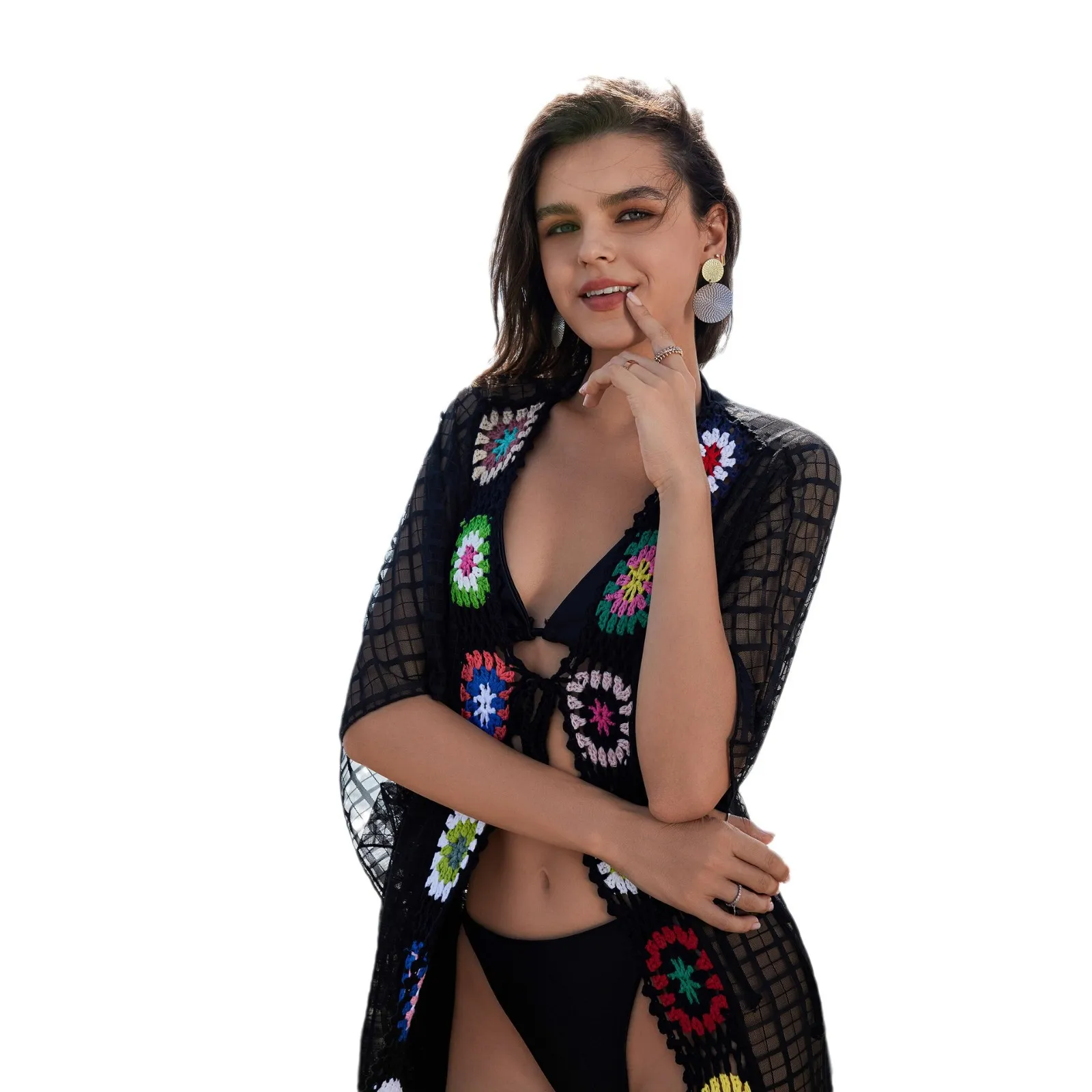 Cardigan da donna fatto a mano all'uncinetto da spiaggia copricostume camicia con nappe larghe e irregolari allacciate giacche con gancio a mano puro colore misto