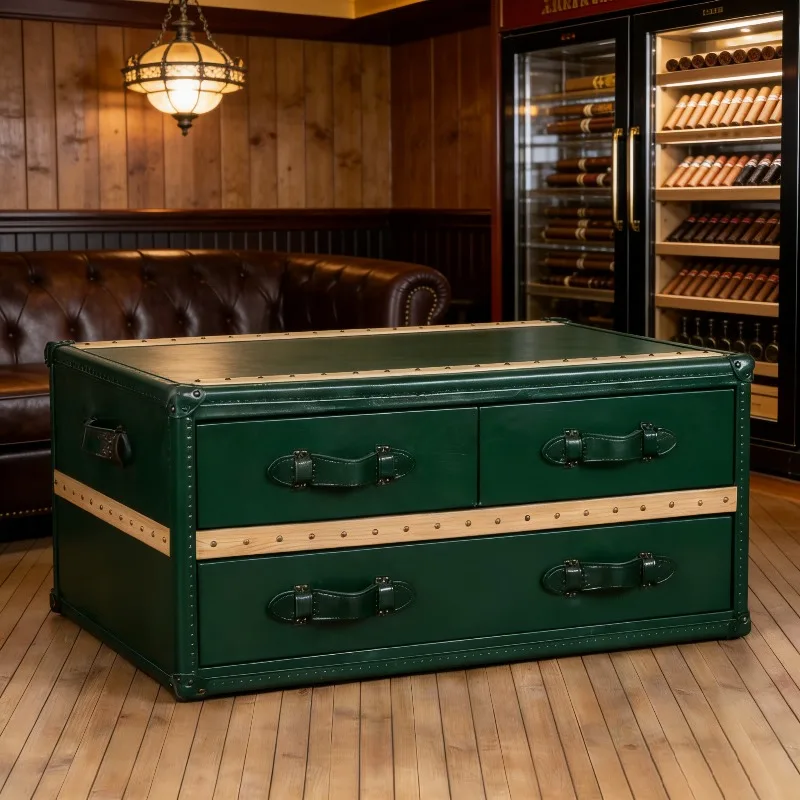 

American retro suitcase coffee table leather case coffee table English leather cigar bar table