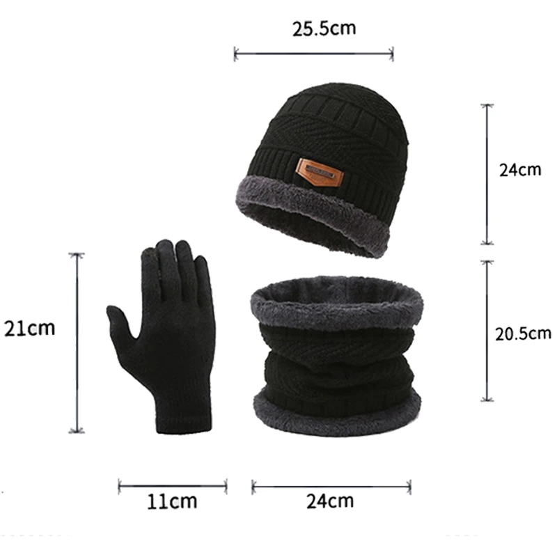 Chapéus de inverno luvas cachecol conjuntos cor sólida pelúcia engrossado gorros de malha tela sensível ao toque luvas antiderrapantes lenço térmico quente