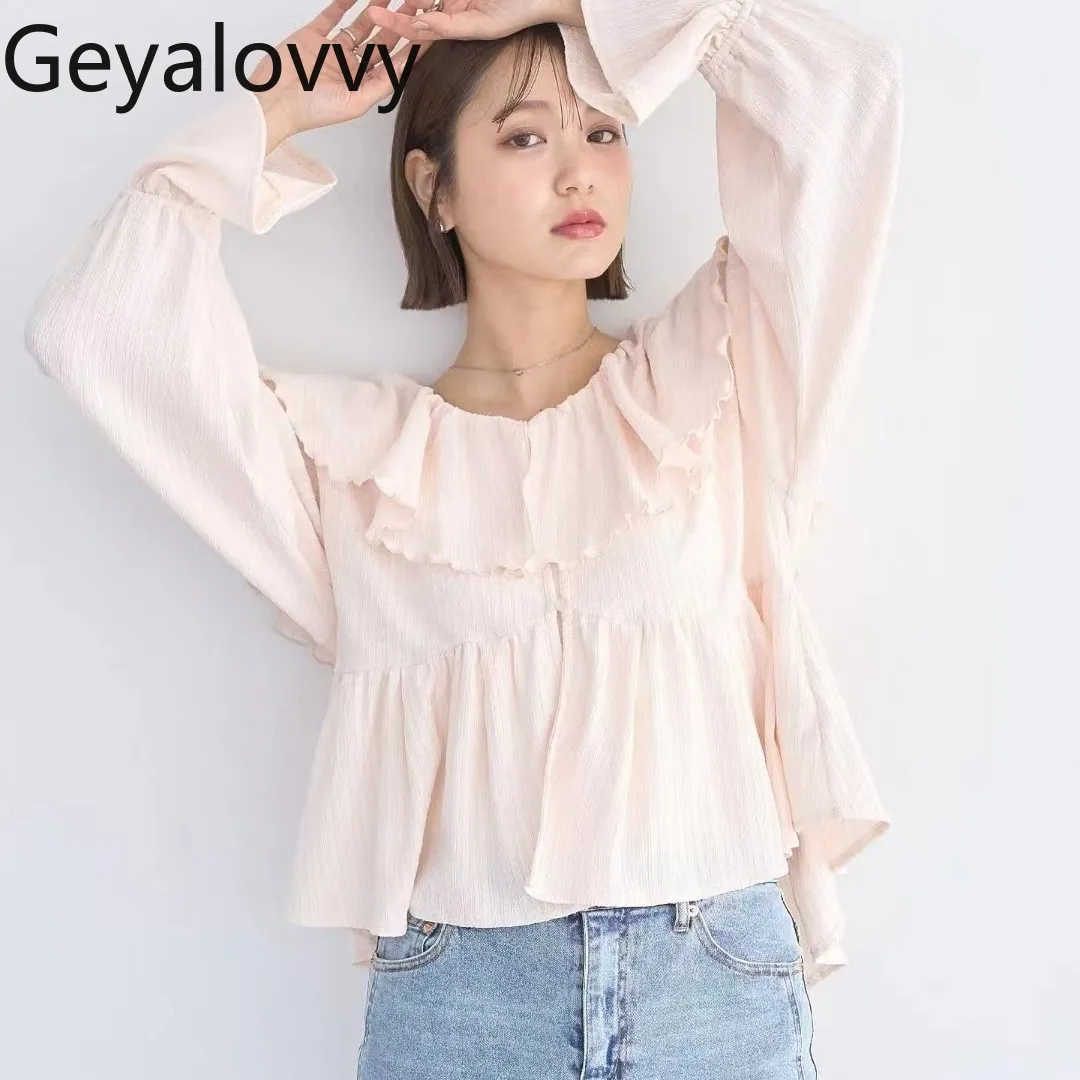 

Spring/summer New Arrivals Japanese-style Ruffle Button-up Tulip Long Sleeve Shirt Sweet Solid Color Versatile Top for Women