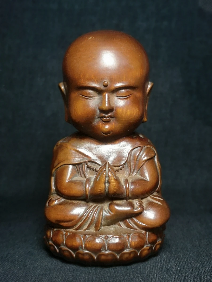 

YIZHU CULTUER ART 3.2” Japanese boxwood hand carved lotus flower Buddha Figure statue table deco gift collectable