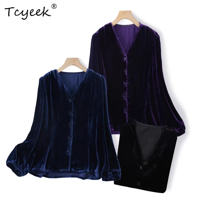 

Tcyeek 100% шелковый шелк весна осень бархатные женские рубашки с длинными рукавами для похудения однотонные женские рубашки с v-образным вырезом Женская Одеждаováзима mbaál