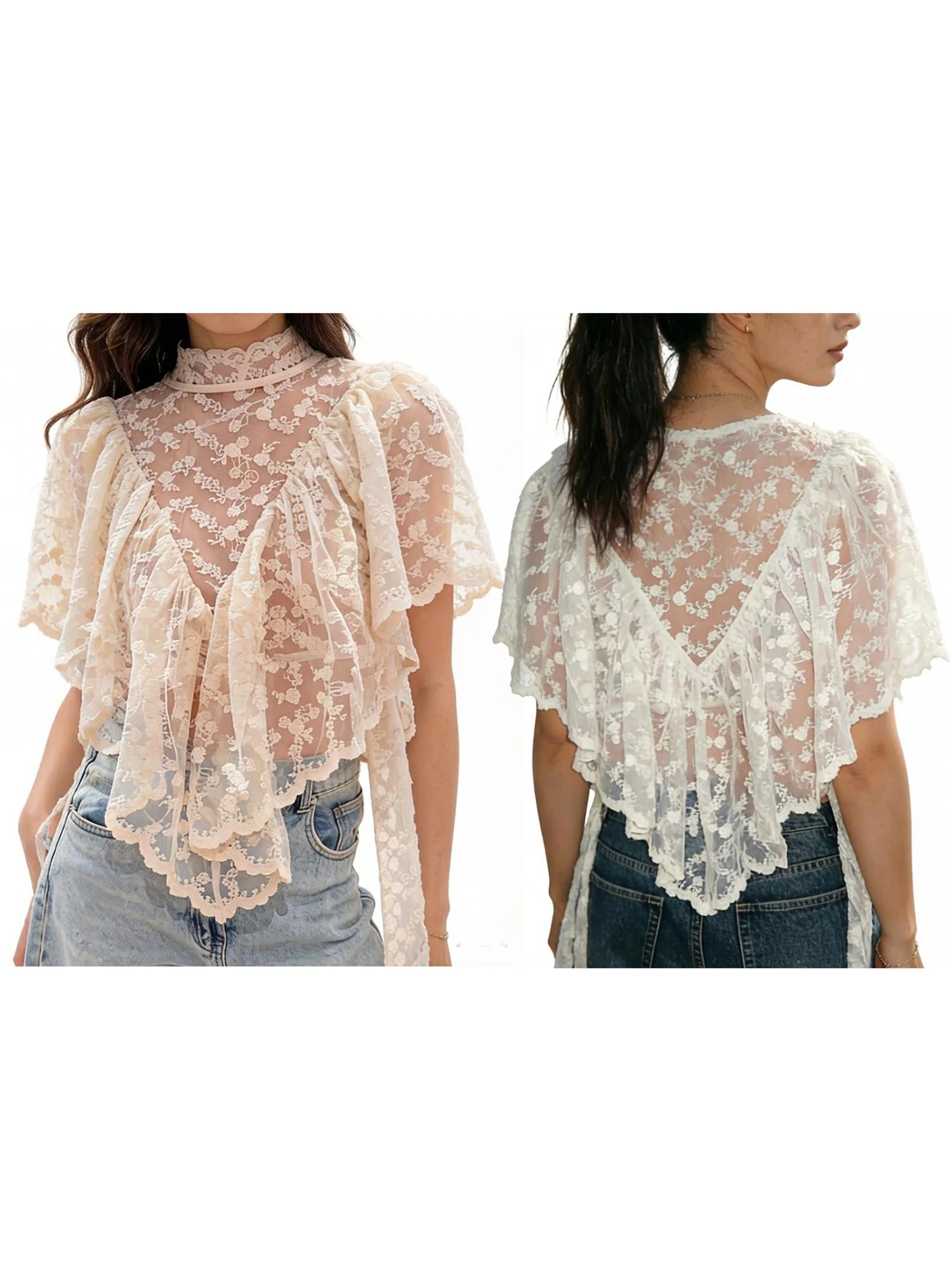 Dames zomerbloemborduurwerk kanten doorschijnend T-shirt onregelmatige driehoekige cape met ruches aan de zoom fladdermouwen top met hoge hals - afbeelding 2