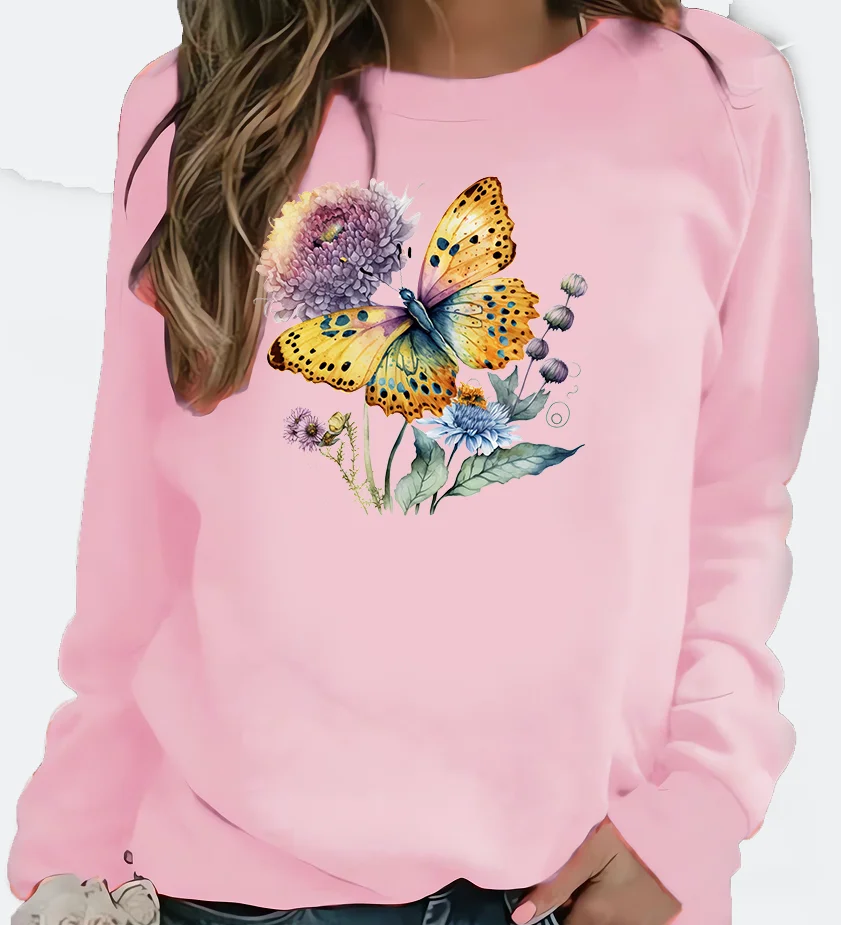 New Women's Hoodie European Butterfly and Flower Brushes Printed Crew-neck Hoodie Sweatshirt  Streetwear Women Aesthetic