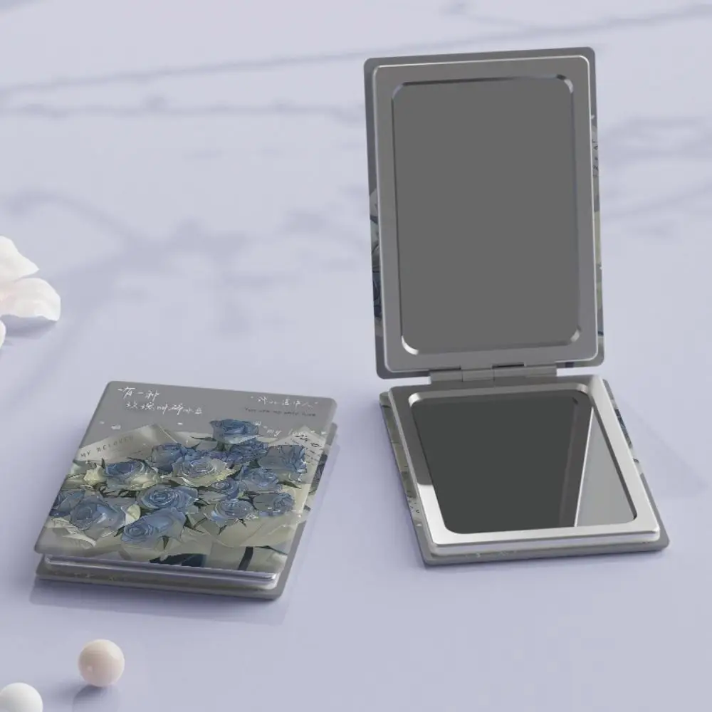 Specchio per trucco pieghevole in PU Specchio cosmetico pieghevole bifacciale pieghevole Specchio tascabile rettangolare con farfalla rosa blu