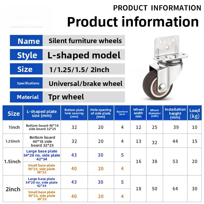 L‑Shape Swivel Caster Wheel Rubber Mute Side‑Mounted Roller Heavy Duty Desk Cot Furniture Hardware