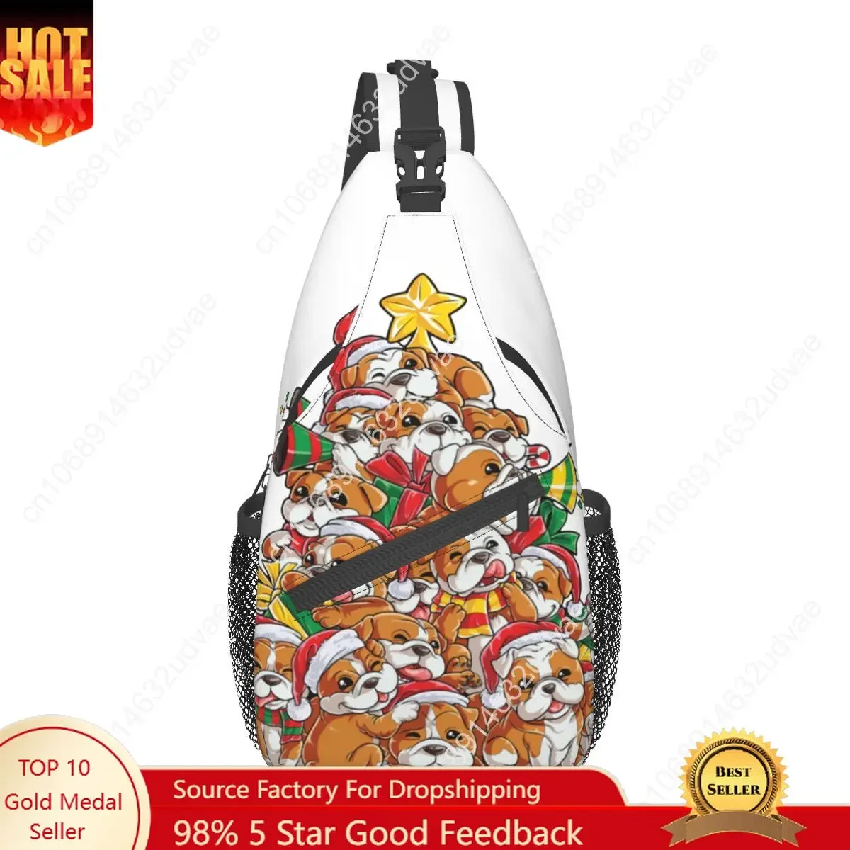 English Bulldog Christmas Xmas Sling Bag Chest Crossbody Shoulder Backpack Travel Hiking Daypacks Winter Men Women Pack