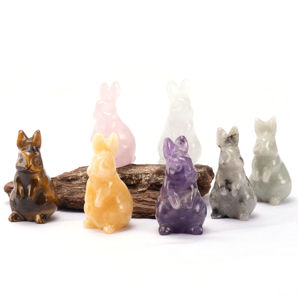 Natural Crystal Stone Rabbit Elf Figurine Healing Amethyst Rose Quartz Gemstone Animal Bunny Carving Healing Home Decor Gift