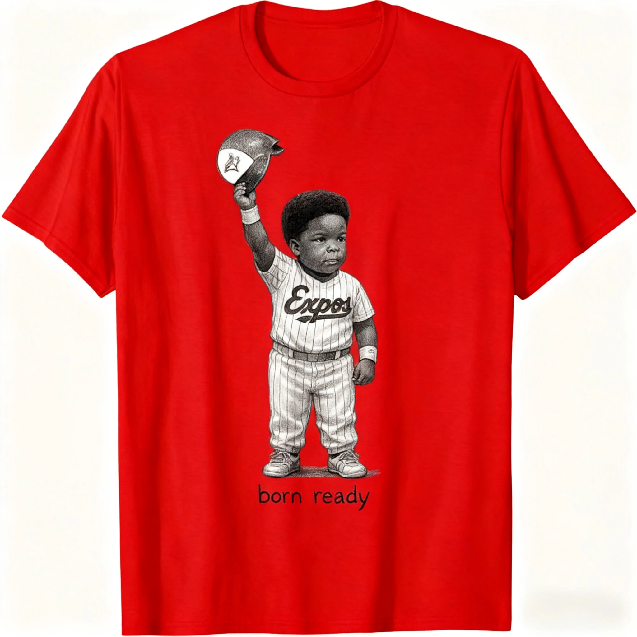 تي شيرت "Born Ready" Expos Vintage Kid Graphic تي شيرت أبيض كلاسيكي لمحبي الحنين Expos 100% قطن قصير الأكمام للجنسين تي شيرت فضفاض