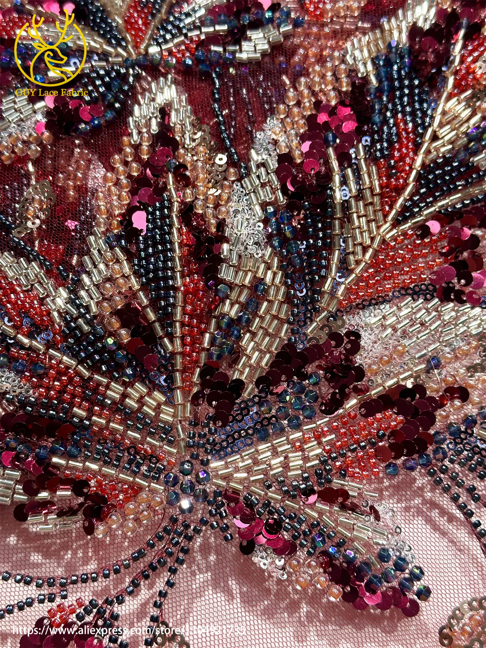 Lila Luxuriöser Afrikanischer Perlen-Spitzenstoff 2026 Modische Französische Nigerianische Pailletten-Stickerei-Spitze für Brautkleider – Detail 22