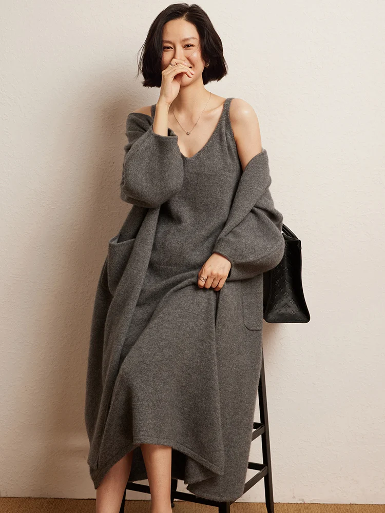 Chic Autumn Winter Women's Lantern Sleeve Cashmere Coat Warm Soft 100% Cashmere Cardigan Casual Loose Comfort Clothing Tops