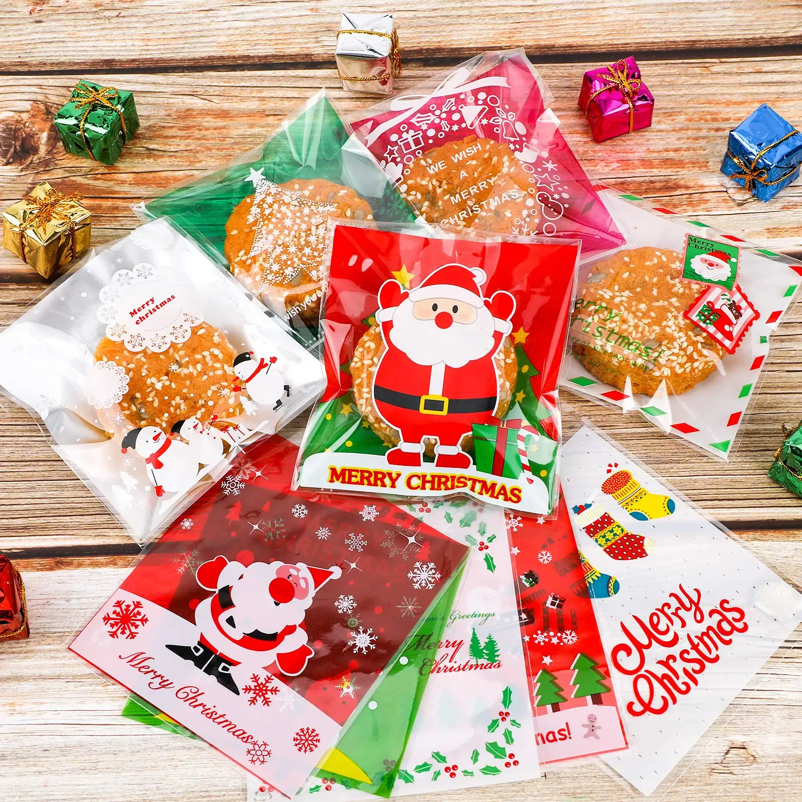 Sacos De Celofane De Natal, DIY Cookie Baking Bag para a véspera de Ano Novo, Feliz Natal Favores, Presente De Natal, 100PCs, 10cm * 10cm, 2022