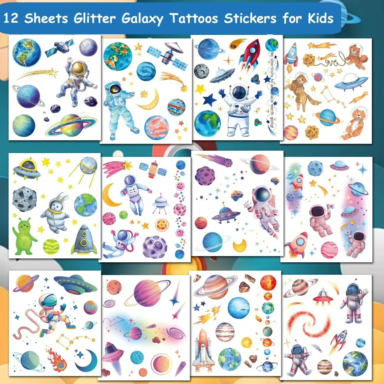 12 Sheets Glitter Galaxy Temporary Tattoos for Kids Outer Space Tattoo Stickers Cute Party Favors Girls Boys Gifts School Prizes