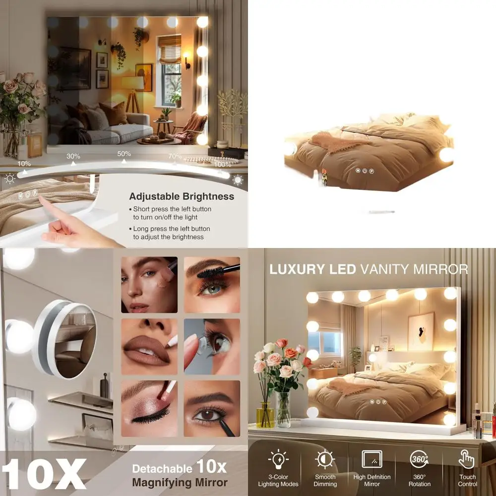 

14-светодиодное косметическое зеркало в голливудском стиле, регулируемая яркость и 3-цветная температура, идеально подходит для макияжа и использования в ванной комнате