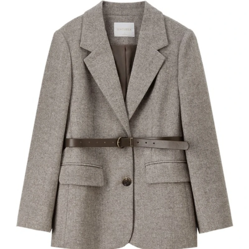 SENTUBILA المرأة السترة معطف الخريف 2025 جديد التباين اللون انفصال حزام مكتب ركاب موضة ملابس خارجية أنيقة 154XA3830