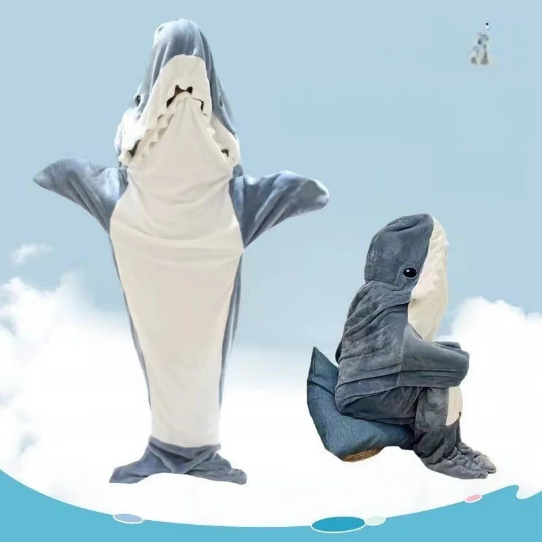 Gray Blue Shark Sleeping Bag Thickened Flannel Cartoon Anime Pajamas One-piece Home Wear Sand Fish Nightgown Cosplay Cloth