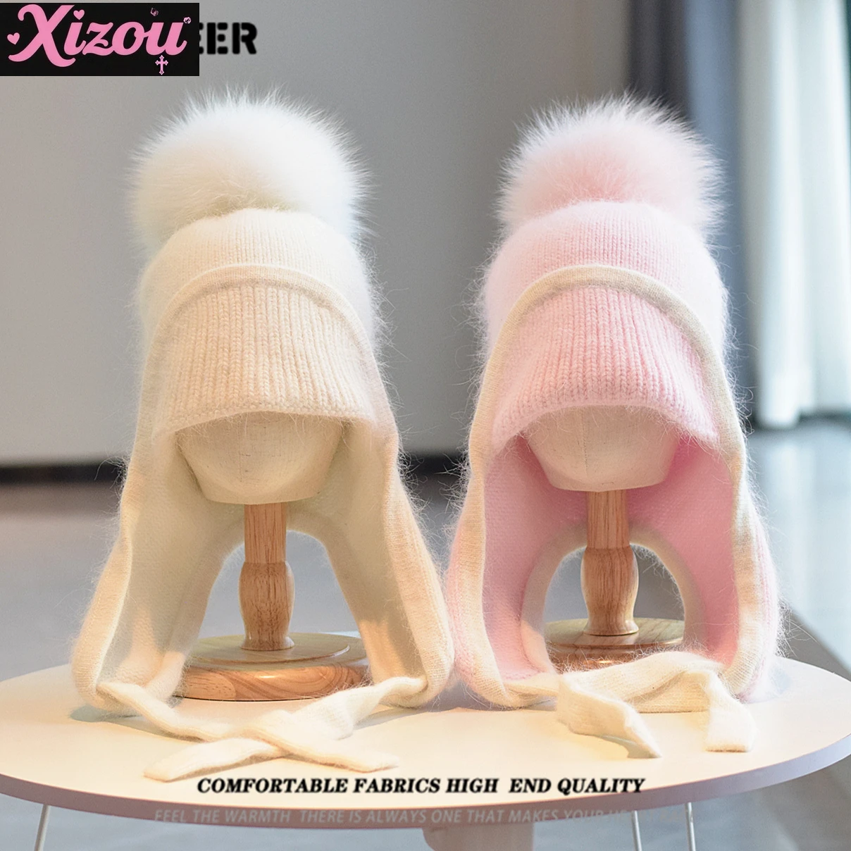 

Kawaii Japanese Cute Sweet Rabbit Fur Knitted Hat Soft Girl Warm and Cold Strap Lei Feng Hat Ski Fox Hairball Hat for Women