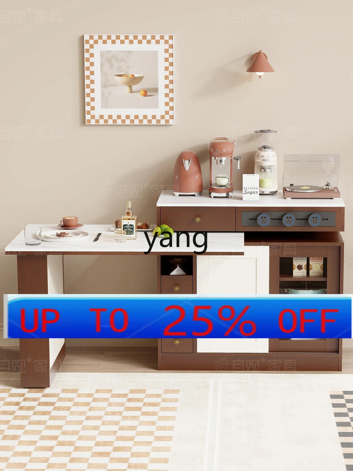 

CX Retro Living Room Kitchen Island Dining Table Rotatable Dining Table Multifunctional Mobile Sideboard Cabinet