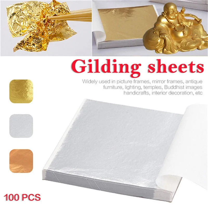 8.5x8.5cm 100 Sheets Practical K Pure Shiny Gold Leaf for Gilding Funiture Lines Wall Crafts Handicrafts Gilding Decoration