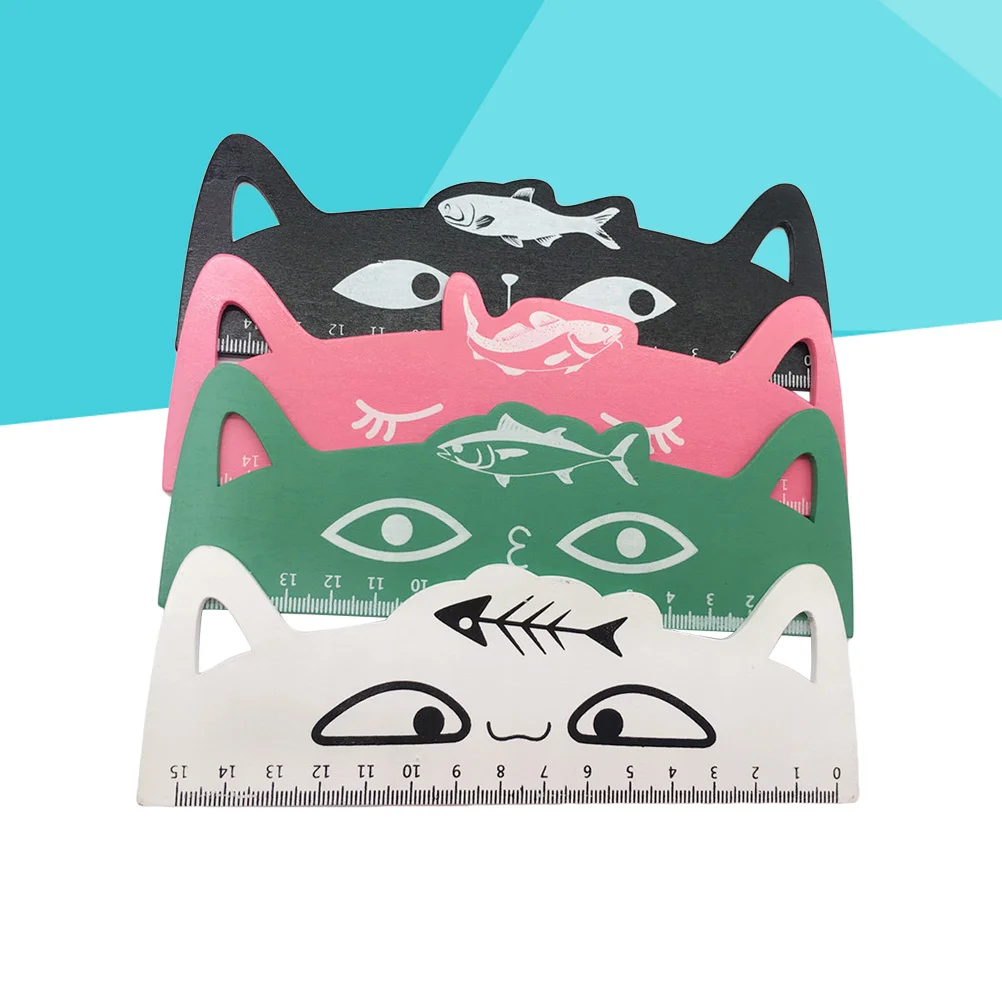 4Pcs Wooden Cat Shape Rulers Fish Pattern 15cm Clear Scale Measuring Tool for Kids School Office Supplies Cartoon Rulers